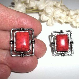 Red and Silver Earrings Post Hammered Metal Southwestern Style Boho Chic C231